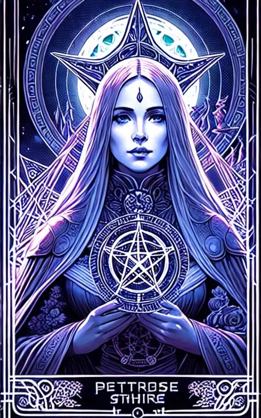 Prompt: tarot card style + goddess portrait, vintage detailed sci-fi illustration, pentagram + intricate Celtic ink illustration + symmetry + bloodborne