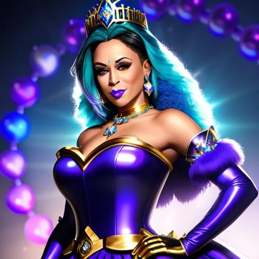 Prompt: Kamala Harris with ultradetailed large shiny blue lips, Blinding Heart Earrings, Blue Xtra Large Metal Ball Gown, Rainbow Sugar Gloves with Purple Fur, Glowing Blue eyes, Artisans Cut Gleaming Ice Cream Tiara. Pristine Green hair, confident facial expression, Full eyebrows with blue tint, Crocodile necklace, Wintry Aura, Black Armor Plated Shoulders, Cake Covered gold wand, Sharp Nails, Auroras in eye of hurricane. Blue Moon. High resolution, Realistic, Cold color scheme, high radiance.