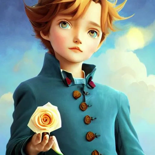 Prompt: Young {Johnny Depp} dressed in the costume of the Little Prince, holding a rose, smooth soft skin, big dreamy eyes, beautiful intricate colored hair, symmetrical, anime wide eyes, soft lighting, detailed face, by makoto shinkai, stanley artgerm lau, wlop, rossdraws, concept art, digital painting, looking into camera


