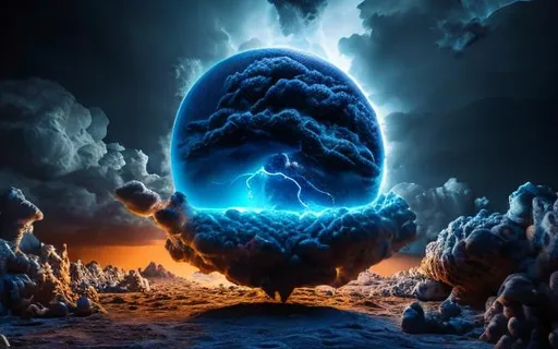 Prompt: Detailed 3D Blue Lightening with Storm clouds inside a sphere, intricate details, hyperdetailed, hyperrealistic,  HD, CG, Night sky with Moon