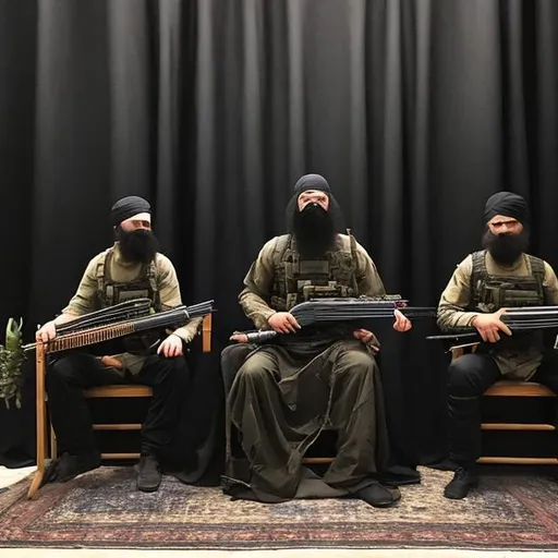 Prompt: There is a black curtain on a wall. 2 terrorist stand with riffles while their scared hostage sits in front of the black curtain playing a mountain dulcimer on his lap.