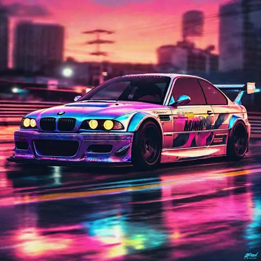 Prompt: 2001 BMW M3 E46 GTR, synthwave, aesthetic cyberpunk, miami, highway, dusk, neon lights, coastal highway, dusk, neon lights, coastal highway, sunset, drift, nurburgring, water on the road, blade runner, 64k, watercolor, macro sharp focus, 8, hyper realistic, cinematic, highly detailed, photoraelistic, clean, formula drift