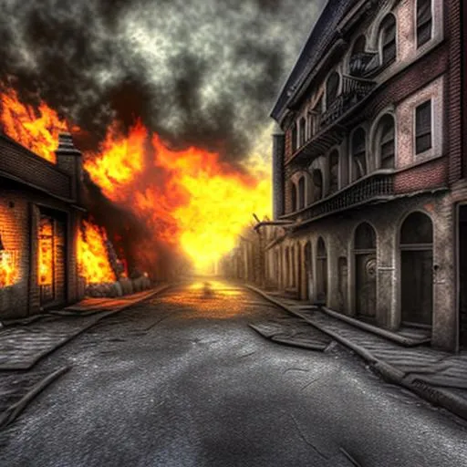Prompt: HDR, ruined medievil street on fire

