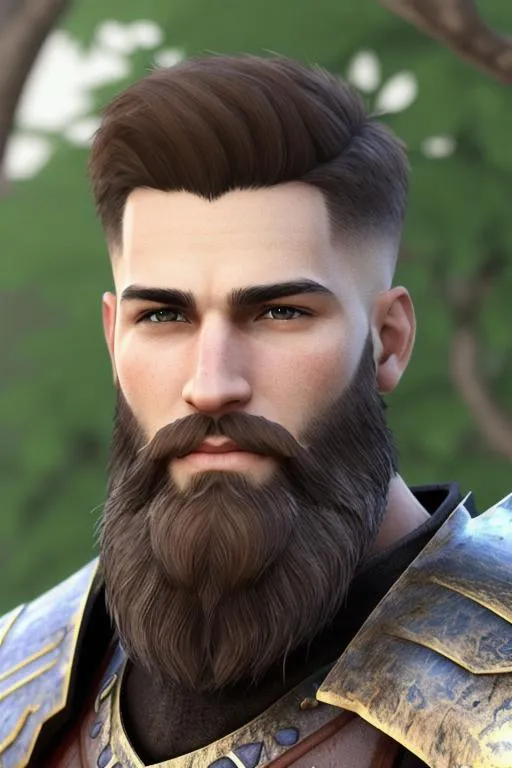 Prompt: Photo-realistic, male warrior, short hair with trimmed beard, 