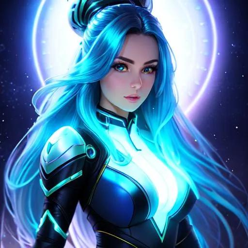 Prompt: A futuristic scifi fantasy detailed portait of an alluring #3238 woman in the style of a Smurf with flowing hair and glowing symbols on her skin.