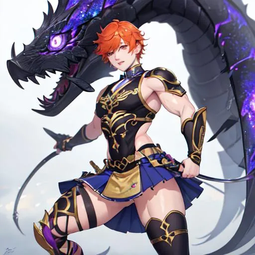 Prompt: Erikku male (short ginger hair, freckles, right eye blue left eye purple) muscular, UHD, 8K, Highly detailed, insane detail, best quality, high quality. wearing a skirt, wearing thigh highs