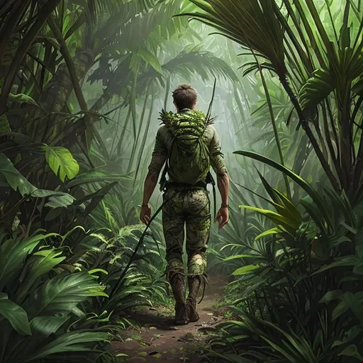 Prompt: A hunter, in the jungle walking ,