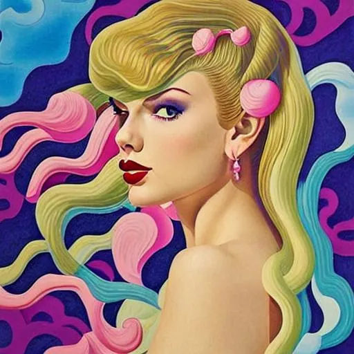 Prompt: 
Prompt romantic painted portrait of taylor swift by audrey kawasaki, masterpiece, pin-up girl, latex, flowing hair, confections, cotton candy, bubbles, psychedelic 