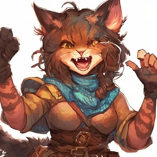 Prompt: catfolk adventurer female dnd character art, joyful, tortoiseshell color of furr, one fang anime smile, commission artstation, sneaky tabaxi caster