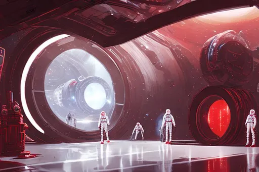 Prompt: concept painting of epic space opera scene, epic circular portal, white light in background, victorian spacesuits, three women silhouette in the center, many details on external sides of the image, people on the left, red curtains on the right, scratchy, reflections and ornaments, maximalist, cinematic, filmic