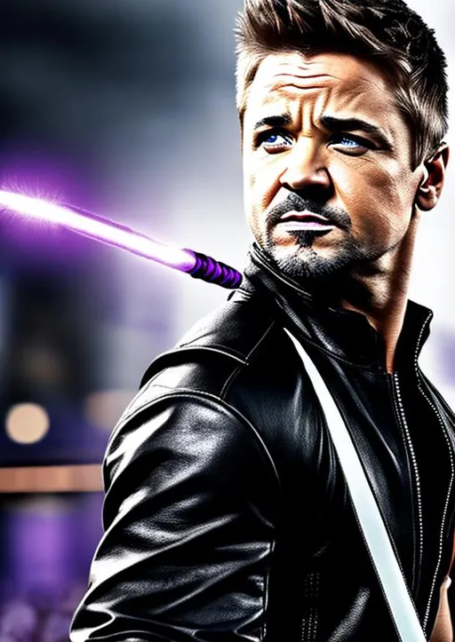 Prompt: High-resolution hyperrealistic photo of jeremy renner hawkeye merged with {colin farrell bullseye}, harsh skinfade, black and purple and white costume, uhd, hdr, 64k