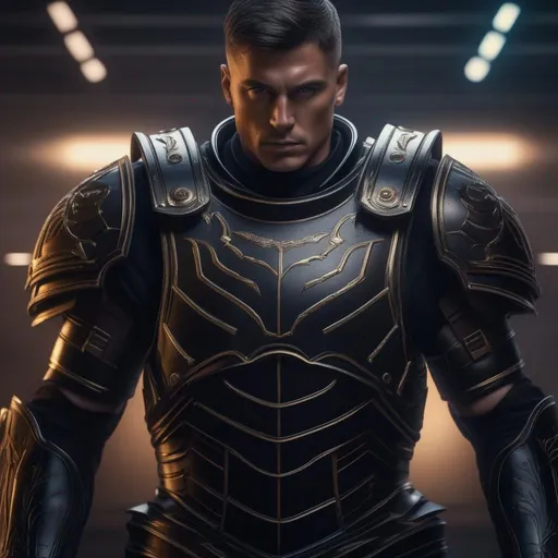 Prompt: A modern roman military male in black military roman armor, background sci fi war, Hyperrealistic, sharp focus, Professional, UHD, HDR, 8K, Render, electronic, dramatic, vivid, pressure, stress, nervous vibe, loud, tension, traumatic, dark, cataclysmic, violent, fighting, Epic