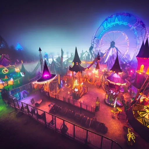 Prompt: Magickal mysterious amusement park with colorfull fog in a fantasy medieval world
