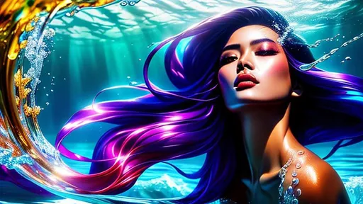 Prompt: Tropical Epic Beautiful Aquatic (Beautiful melancholy {goddess}female liquid satin}), hyper realistic, expansive oceanic background, hyper realistic, 8K --s99500