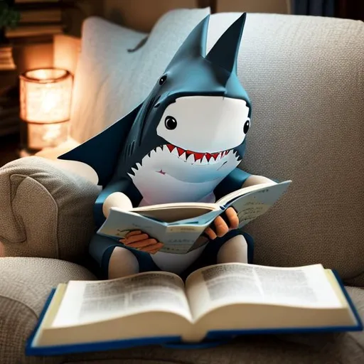 Prompt: Shark reading a book on the sofa