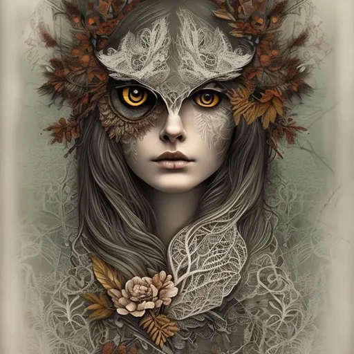 Prompt: "owl face woman, forest, white lace, brown leaves, flowers, white background, intricate, detailed, christian schloe"