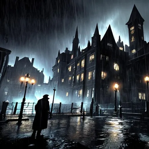 Prompt: Arkham asylum rain poring down