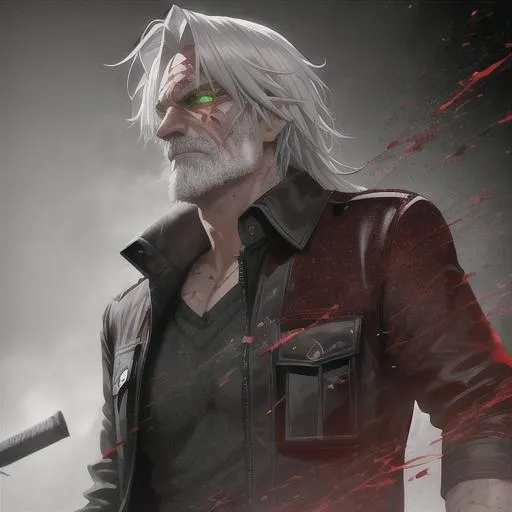 Prompt: 4k, HD, Blood splatter, wizard, lightning, Jacked, Old man, Piercing green eyes, scars, Blind, knife, High res, perfect resolution, corpses 