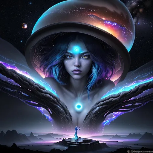 Prompt: splash art, hyper detailed, hyper realistic, highly detailed, dark, surreal heavy mist, floating at the edge of the Universe, in an alien observatory, with the Milky way galaxy in the background,

create an hologram of a beautiful, young adult, Ultra Fantastical Sorceress, casting exquisitely detailed magic fire balls, 

Gorgeous detailed facial features, long legs, vibrant sumptuous, perfect body, ultra pale, visible midriff, perfect curly red hair, magically created armor, heavy iron collar, 

Perfect studio lighting, perfect shading. HDR, UHD, high res, 64k, cinematic lighting, special effects, hd octane render, professional photograph, trending on artstation, .