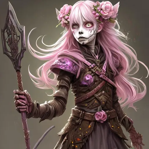 Prompt: Full body splash art of a sweet, youthful, female undead zombie sorceress, skull nose, blue eyes, very long brown blonde hair with bangs, wearing long pastel-colored iridescent dress, carrying a wooden staff, D&D, dnd, fantasy, highly detailed, sharp focus, digital painting, artstation, 4k, 8k