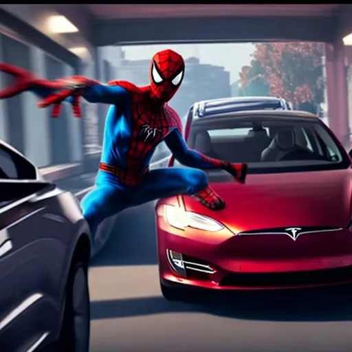 Prompt: spiderman driving a tesla, inside photo