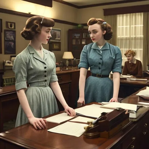 Prompt: Saoirse Ronan and Olivia Cooke as 1950s era women doing some desk work 