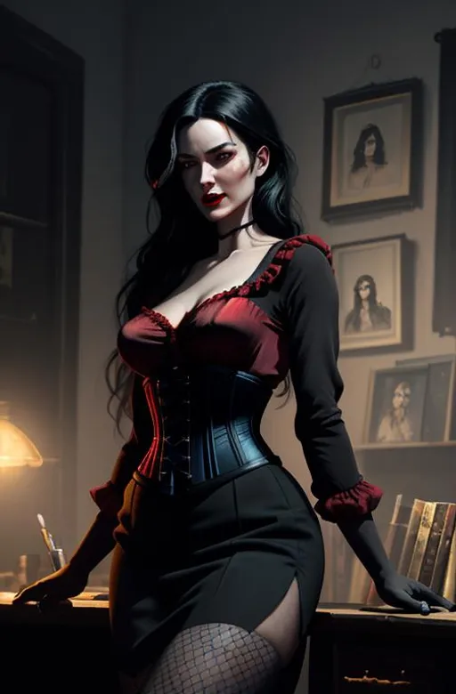 Prompt: "the femme fatale" (painting) by ((((style of Greg Rutkowski)))), digital painting, (gritty noir),  dominatrix woman with long black hair, ((((blue eyes)))) red lips, black, )black pencil skirt), black waist corset, (red silk blouse), fishnet tights, set in a warmly lit private detective's office