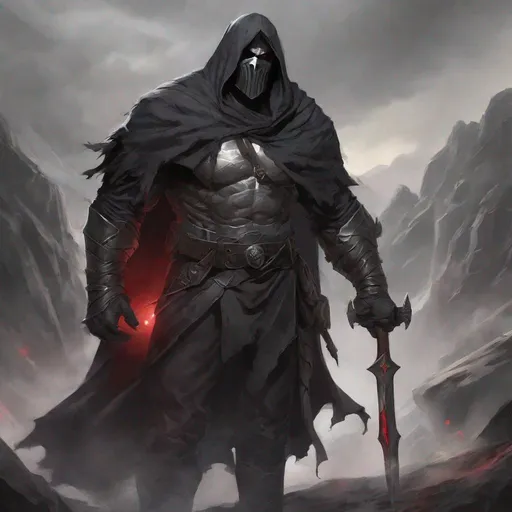 Prompt: Tall, Intimidating, Large, male, Solomon grundy/goliath DnD build, black hair,  very dark grey scarred skin, covered in bandages, dark tattered cloth armor exposes his midriff, hood with mask of magical darkness that covers entire face completely, large red gem between pecs in chest,  Dungeons and Dragons 5th Edition, Path of the Zealot Barbarian, Strong, use large two-handed greataxe