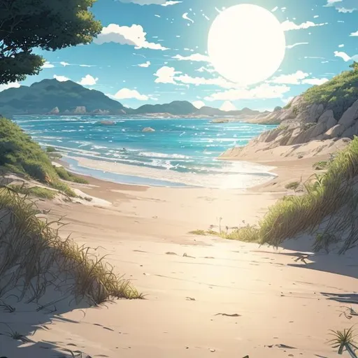 Prompt: Summer beach with incoming sun , no people,  no  buildings, kyoto animation key visual, wide angle, beautiful concept art, manga comic art, visual novel background, soft lighting