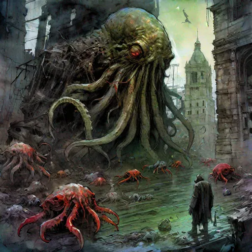 Prompt: Giant dead Cthulhu rising : scary ruins of R'lyeh with zombie like fish and crabs : dark and gritty : crayon Caricature : by Jean Baptiste monge : Ismail Inceoglu : Karol Bak : Tyler Edlin : album art : anthromorphic : character design : detailed crayon, vivid colors, hyperdetailed, whimsical background, hyperrealism, photorealism, a masterpiece, by Greg Rutkowski, trending on artstation