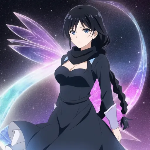 Prompt: Magical girl. Scorpio, black hair. Braid. Blue sleek dress. Scarf