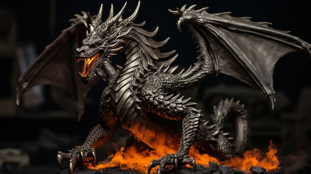Prompt: metallic dragon on burning charcoal