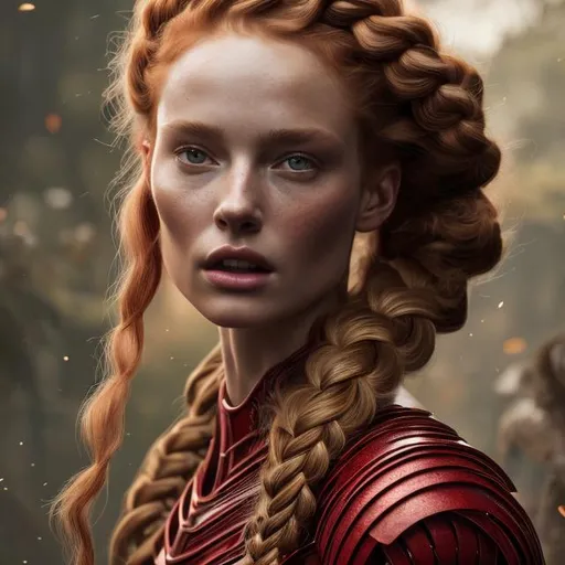 Prompt: ((best quality)), ((masterpiece)), ((realistic)), (detailed) illustration photographic beautiful woman , braided red hair,  fantasy armor, hd octane render,  dim lights, 8k uhd, realistic, Nikon z9, raytracing, focus face, (sharpness:2. 0)