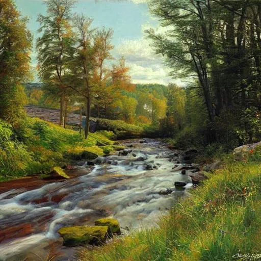 Prompt: A detailed Wisconsin landscape with a stream in the style of Peder Mork Monsted