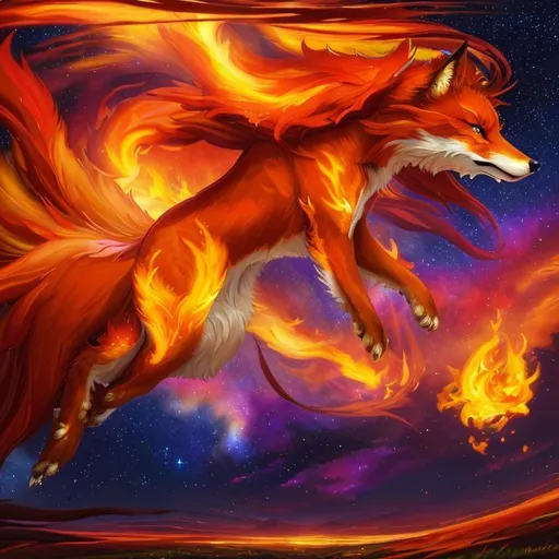 Prompt: add fire, ((masterpiece, oil painting, best quality:1.5)), fire elemental red vixen fox with multiple tails, snarling, tawny grass field, cunning, elderly but lively, growling, beautiful, pouncing, anime, vibrant, vivid colors, ((big 8k detailed eyes)), starry sky, highly detailed, detailed background, highly detailed fur, highly detailed face, 8k eyes, UHD, professional, unreal engine