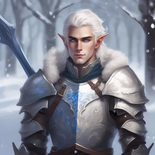 Prompt: DND a male elf with medium fluffy white hair and blue eyes wearing plate armor in a snowy park