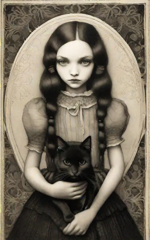 Prompt: Fine art etching portrait of a stylized cute girl and her black cat depicted style combination of Bill Carman, Nicoletta Ceccoli, Amy Earles and Abigail Larson. Calotype print, Pictorialism, Grimdark, frontal facing portrait, extremely detailed, beautiful.