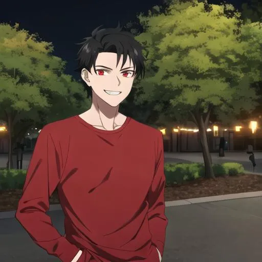 Prompt: Damien (male, short black hair, red eyes) in the park at night, grinning sadistically, casual outfit