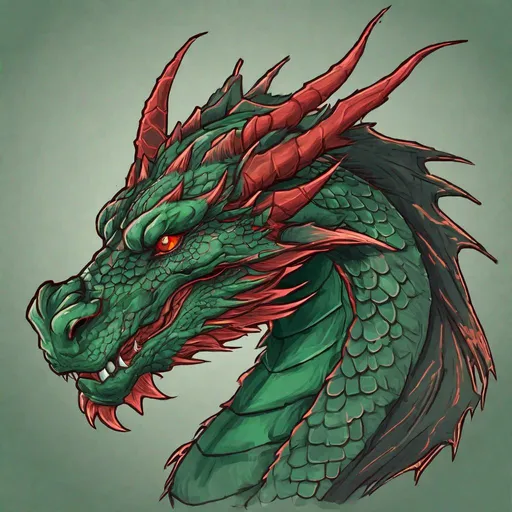 Prompt: Concept design of a dragon. Dragon head portrait. Coloring in the dragon is predominantly dark green with subtle red streaks and details present.