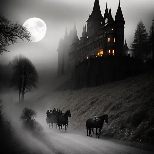 Prompt: ((Best Quality)), ((The masterpiece)), ((realistic)) ((victorian vampiric Dracula Gothic carriage)) with Mina Harper interior, Dracula's  Brides flying over trying to attack Mina, and  2 black horses pulling the carriage, in the fog year 1880, going to a ((Gothic Dracula Castle)), ((Bram Stocker  inspired movie Dracula))((hightly detailed)), ((outstanding)), ((Cinematic )) ,((Gorgeus)), Realistic, HDR.