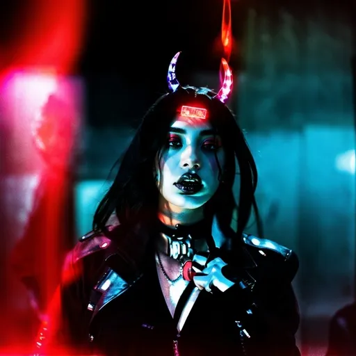 Prompt: beautiful female demon, hell, demonic, vaporwave, retro, neon, aesthetic, liminal, high quality, high definition, beautiful, dramatic lighting