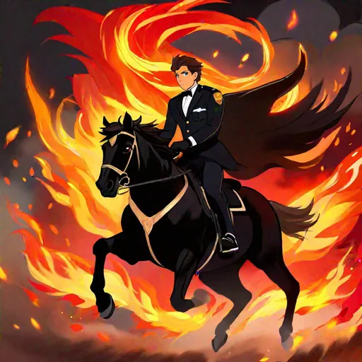 Prompt: Caleb  as a police officer (brown hair) (brown eyes) wearing a tuxedo, full body, riding a (black coated demon horse, glowing red eyes, glowing fire mane, and glowing fire tail) running through hell, rearing up on its hind legs