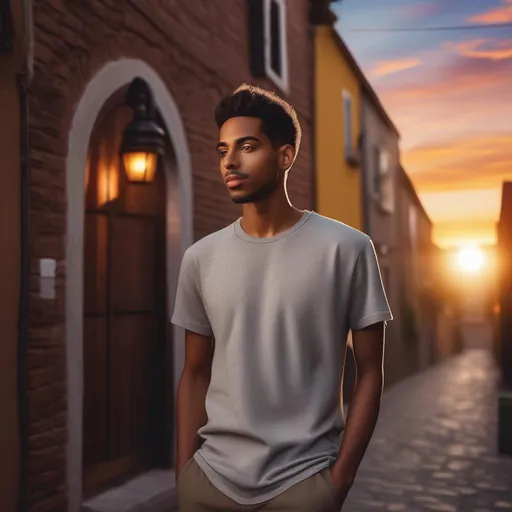 Prompt: Pinocchio tall nose, on brown skin person, small eyes, standing in an old neighborhood alley, sunset wether, 20 years old guy, wearing gray T shirt, photorealistic 