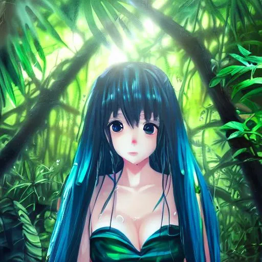 Prompt: waifu anime girl in rainforest glossy eyes green dress beautiful cute rain drip wet oil painting portrait 4k 1080 