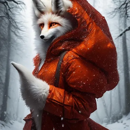 Prompt: 8k, (best quality:1.5) highly detailed, masterpiece, oil panting, zoomed out view of character, trending on artstation, insanely beautiful portrait, of a white vixen fox, with eyes of fire, a thick white fur coat, wearing a red rain jacket with a hood, in a snowy forest
