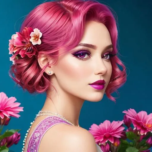 Prompt: a beautiful woman , lots of pretty flowers, magenta hair, magenta makeup