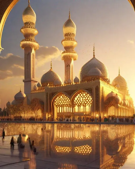 Prompt: The intricate latticework exterior of a grand mosque glows golden in the evening light. People gather at the entrance beneath soaring minarets. Wide landscape view captures modern architecture against an ancient city skyline. ,Rococo style, Rococo hairstyles, Rococo costumes, Rococo architecture, Rococo period 