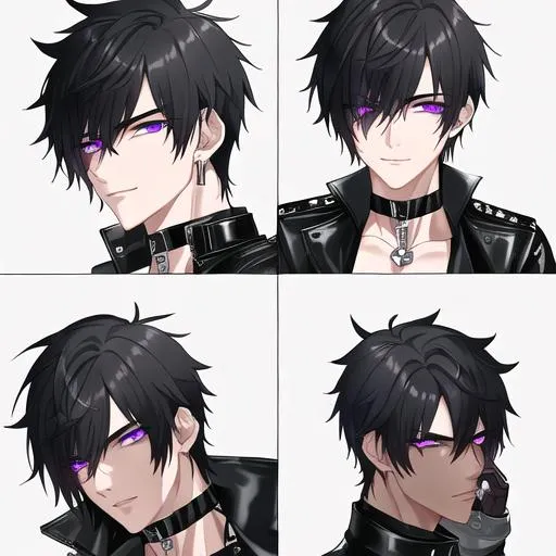 Prompt: Male young adult, 19, (Short black hair falling between the eyes with an undercut,  purple eyes and a femine body) Leather jacket and a black shirt and ripped denim jeans, around his neck, black leather gloves. Highly detailed face, 8K, Insane detail, best quality, UHD