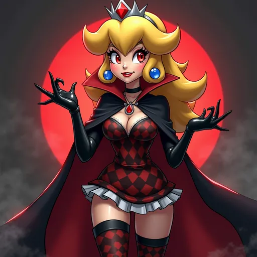 Prompt: princess Daisy from super Mario bros get bitten by a vampire bat and start turning into a vampire the eyes turn red and showing off her fangs, her gloves are now opera length black patten leather and she has on a vampire cape with collar up get dress is short to show off her new thigh high heel boots