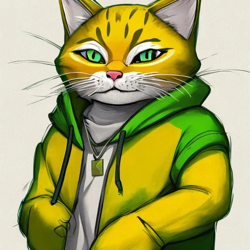 Prompt: Anthro yellow cat with a white muzzle wearing a green hoodie,draw art